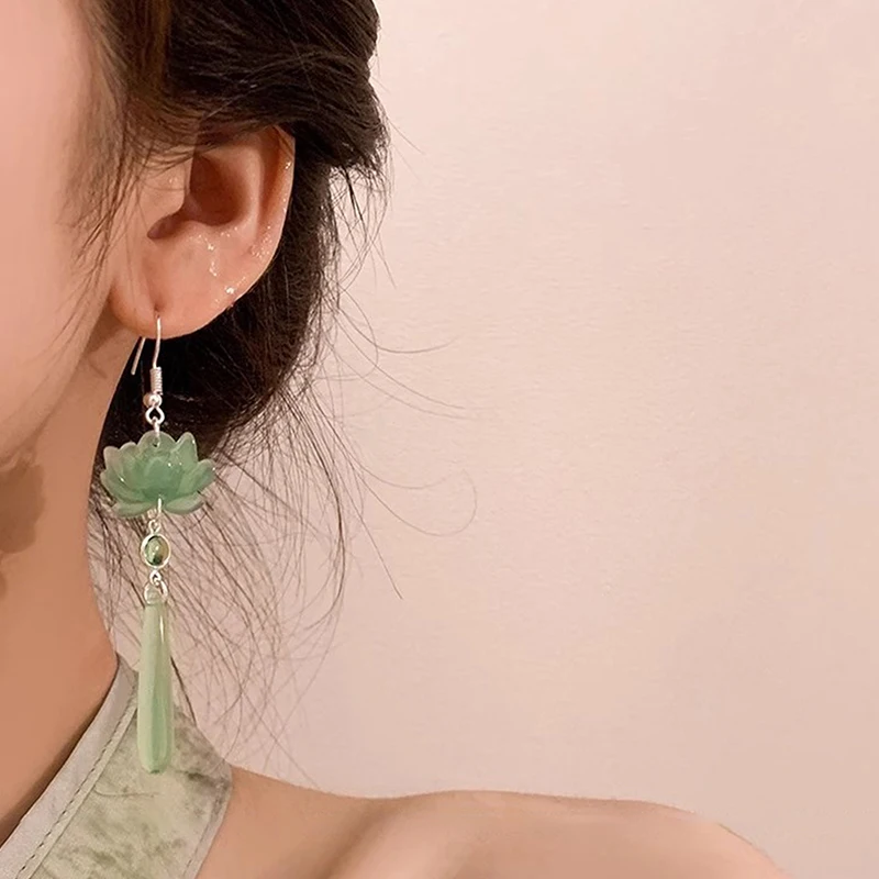 أقراط شرابة بقلادة اللوتس الصينية الأنيقة للنساء؛ هدية مجوهرات قطرة طويلة بتصميم ريترو للإناث #5