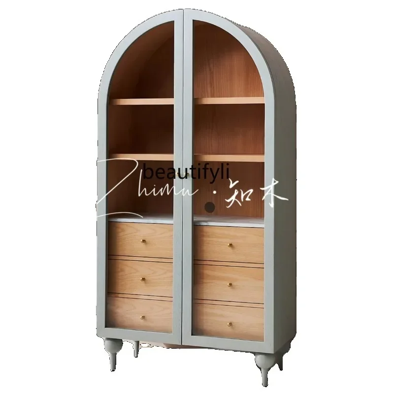 

Custom French Style Solid Wood Arch Wine Cabinet American Retro Side Cabinet Nordic Glass Cabinet Modern Double Door Bookcase