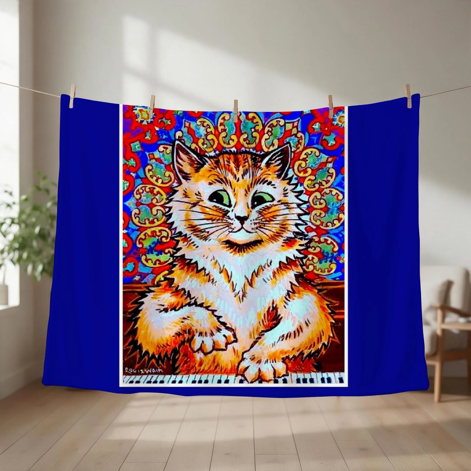 CAT PLAYING A PIANO : Vintage Psychedelic Abstract Louis Wain Print Throw Blanket Sofa Quilt Kid'S Retros Blankets