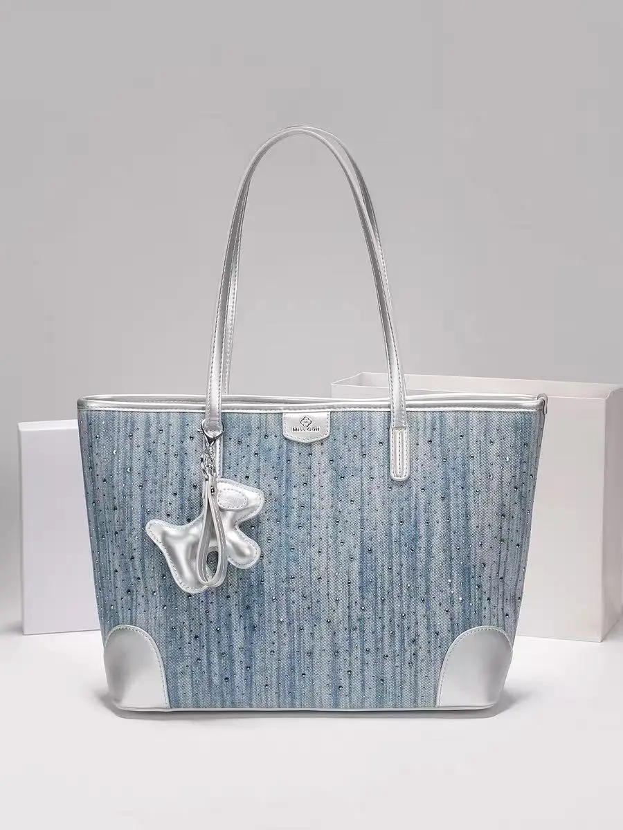 

High Quality Textured Blue Denim Bucket Bag Fashion Glitter Diamond Women Handbag Large Capacity Casual Tote Bag Shoulder Bag