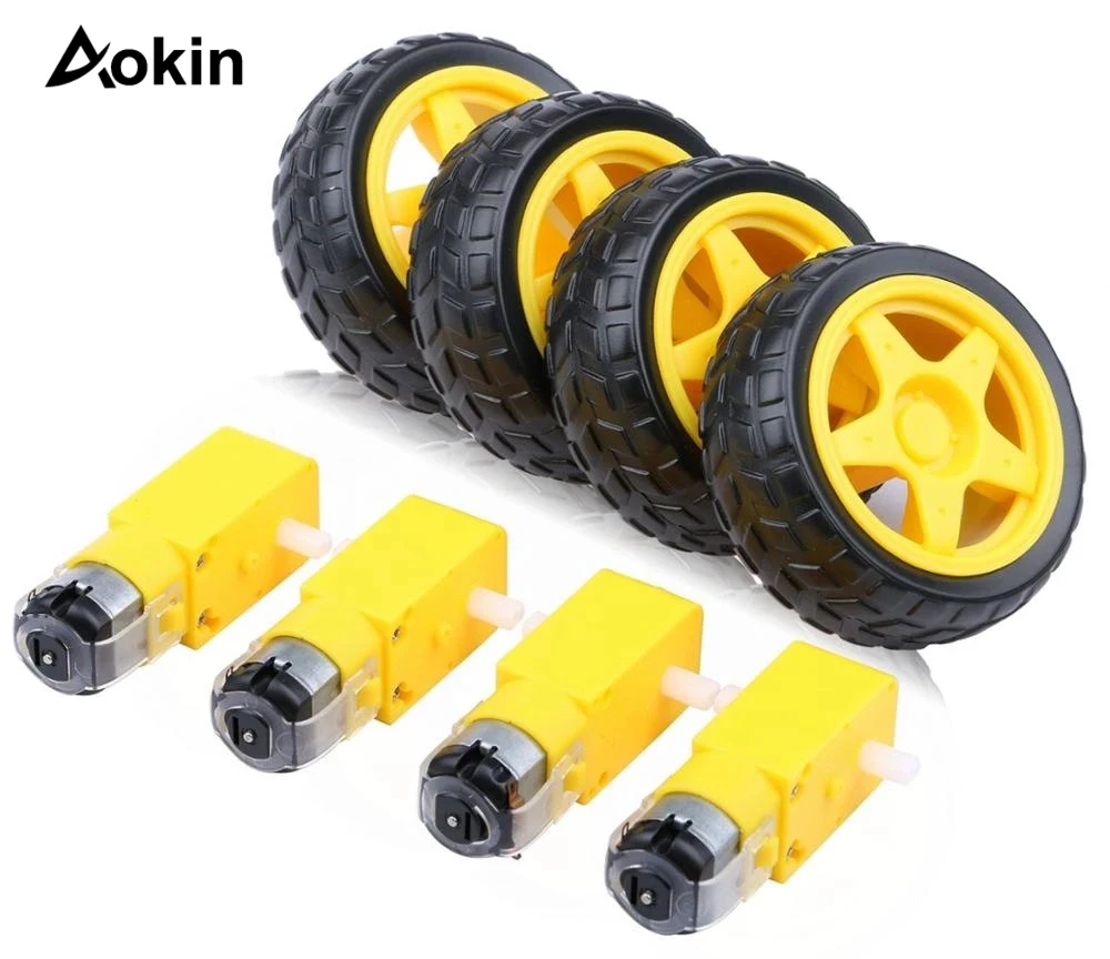 2Pcs DC Electric Motor 3-6V Dual Shaft Geared TT DC Motor Magnetic Gearbox Engine with 2Pcs Smart RC Car Robot Tire Whee