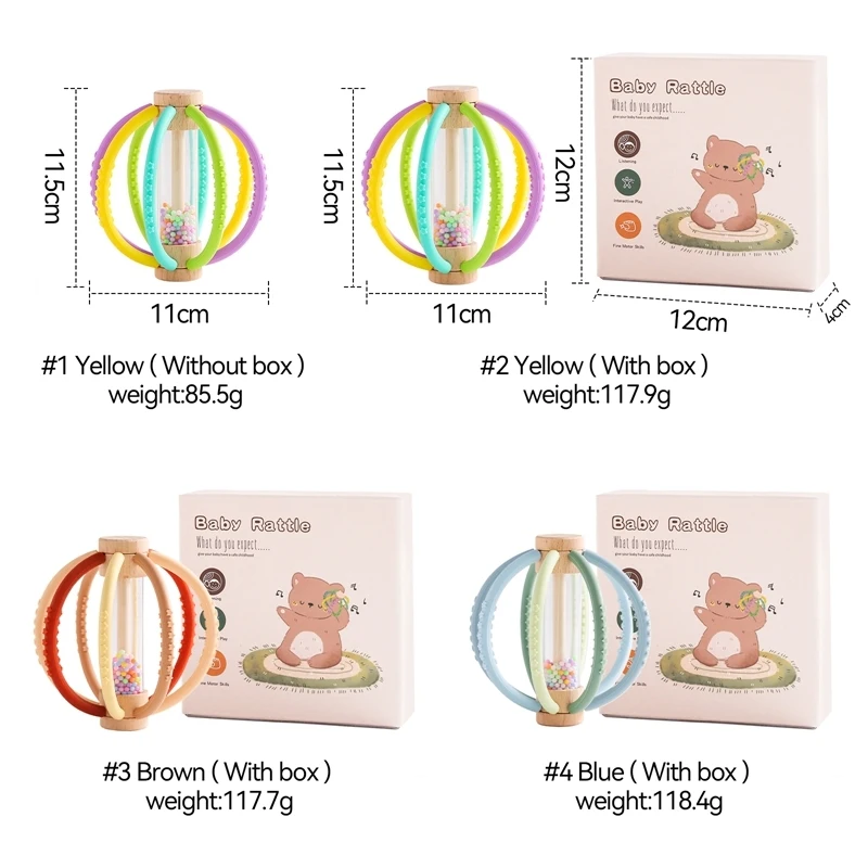 Houten babyrammelaar Regentrommel Siliconen zintuiglijk speelgoed Pasgeboren tandheelkundige zorg Molaire stok Montessori Educatief speelgoed voor baby-peuter