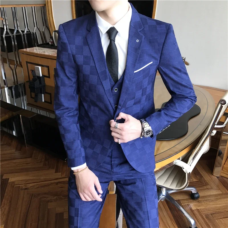 Jacket Pants Vest Men 3 Pieces Slim Casual Suit Trousers Set Male Wedding Groom Dress Business Blazers Coat Trousers Waistcoat