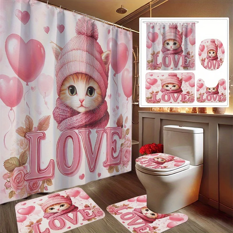 

4 шт., набор занавесок для душа с розовым котом на День святого Валентина, декоративный набор для ванной комнаты, включает занавеску для душа с принтом