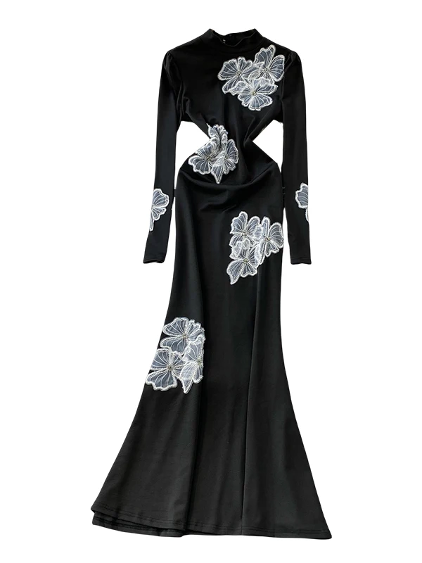 엘레 롱 스웨 여성용 드레스, 헤비 워크 3D 플라워 장식 슬림핏 피트 테일 가운, 가을 겨울 포멀 행사용...