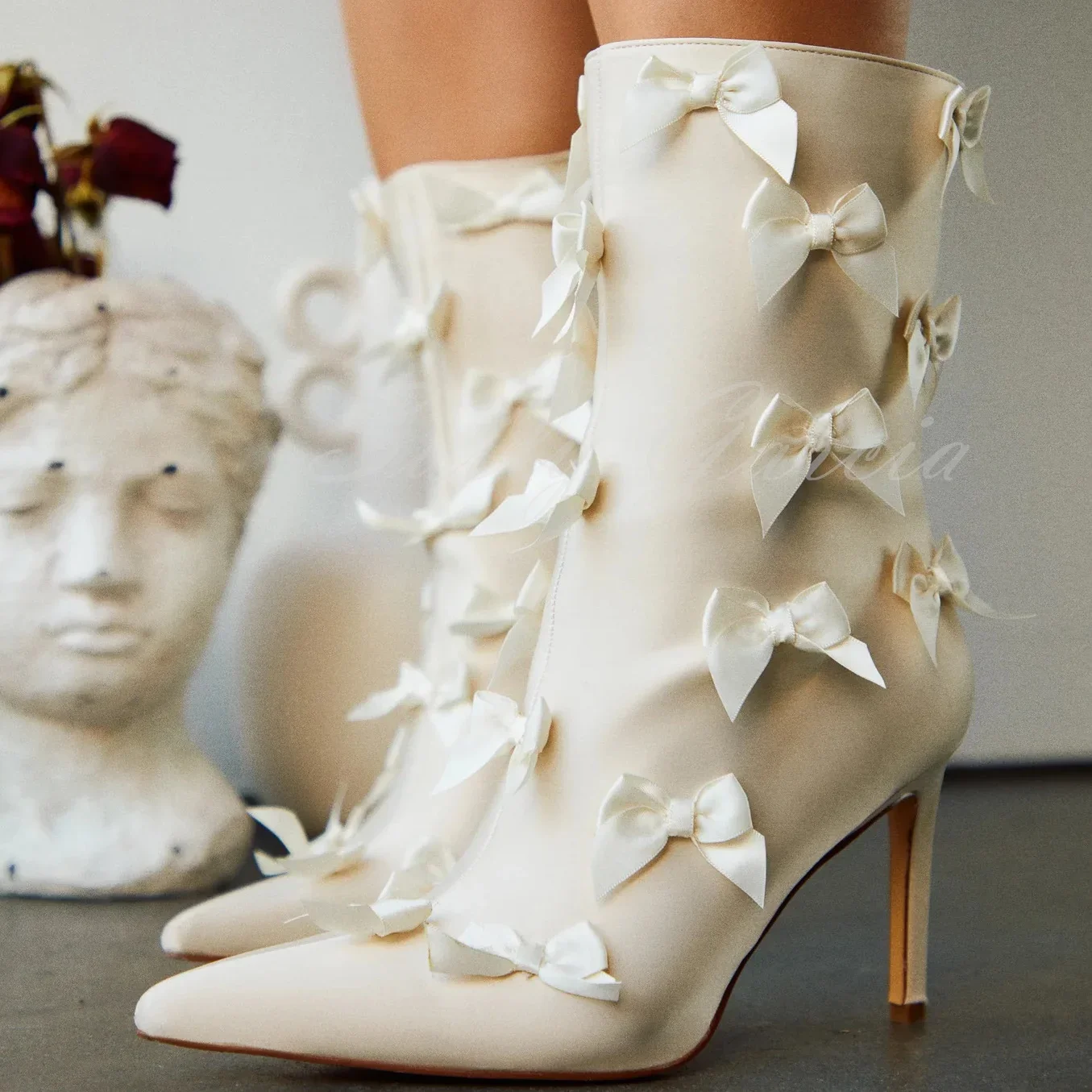 

Cream Bow Tie Ankle Boots Pointed Toe Stiletto Heel Women 2025 Autumn New Side Zipper Solid Color Party Dress Mid Calf Boots