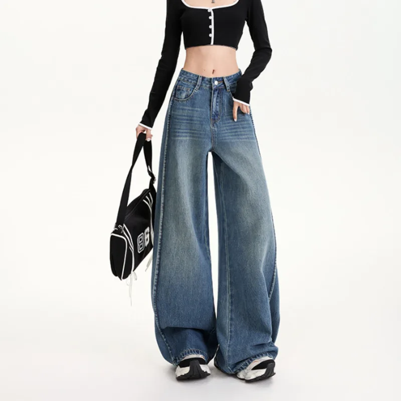 #2610 High Streetwear Wide Leg Jeans Women Loose Blue Split Joint Long Jeans Female Retro Women's Jeans Spring Summer