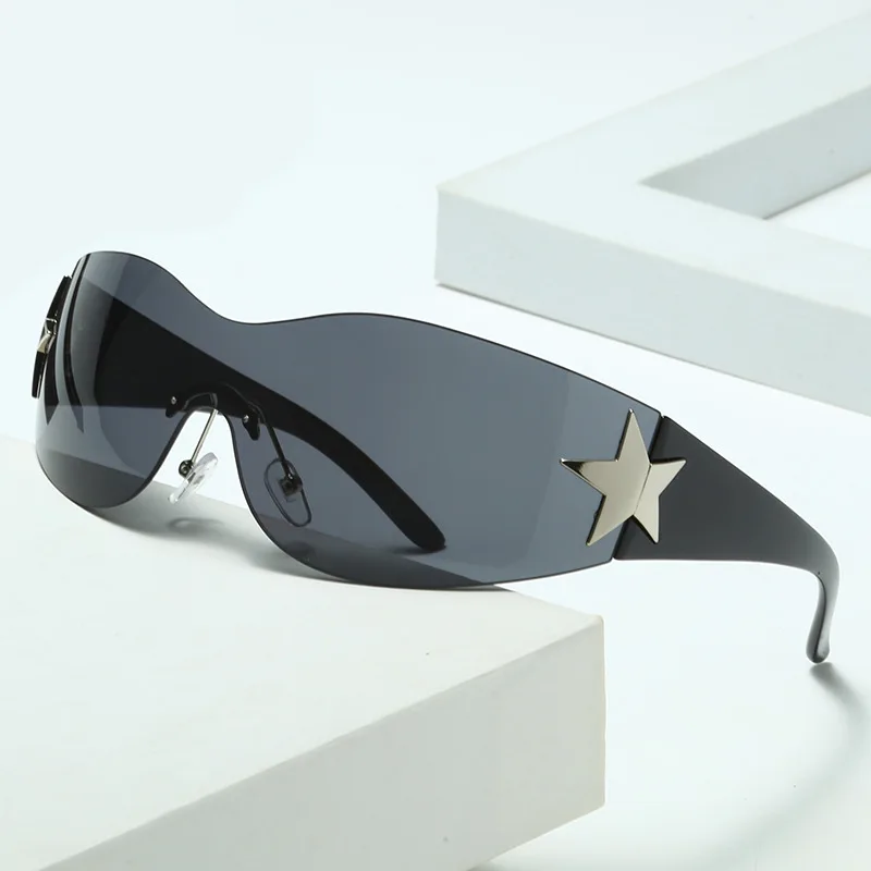 2024 Fashion Punk Y2K Sunglasses for Women Men Trendy Wrap Around Sun Glasses Shades Star Decoration Eyewear UV400 Goggles