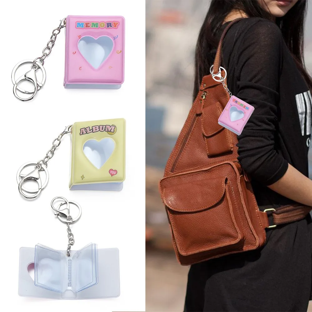 Mini 2 Inch Mini Photo Album Love Heart Hollow Photo Card Holder PVC Name Card Book Backpack Keyring Picture Frames