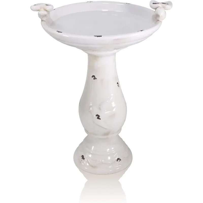 Birdbath de cerámica antigua para exteriores, estatua de patio con figuritas de pájaros, marrón claro, 25 "de alto