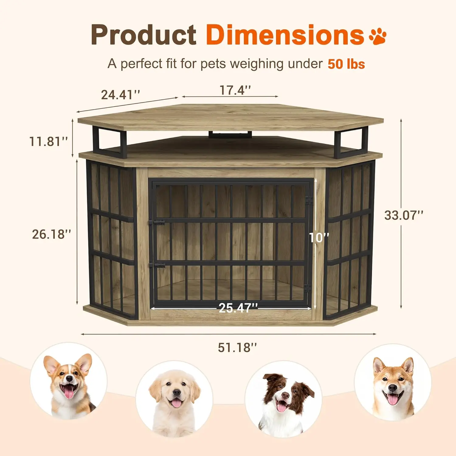 قفص كلب زاوية مقاس 51 بوصة، بيت كلب خشبي كبير مع أرفف من طبقتين، بيت كلب خشبي مزخرف للأطفال الصغار/المتوسط