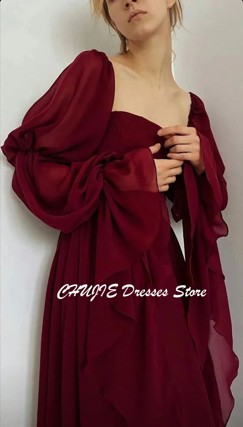 Sukienki wieczorowe z dekoltem w kształcie kwadratu w kolorze burgundowym, sukienki na studniówkę z długim rękawem w stylu Dubaj, sukienki na wesele w stylu arabskim z plisami w kształcie litery A, skromne, szyte na miarę.