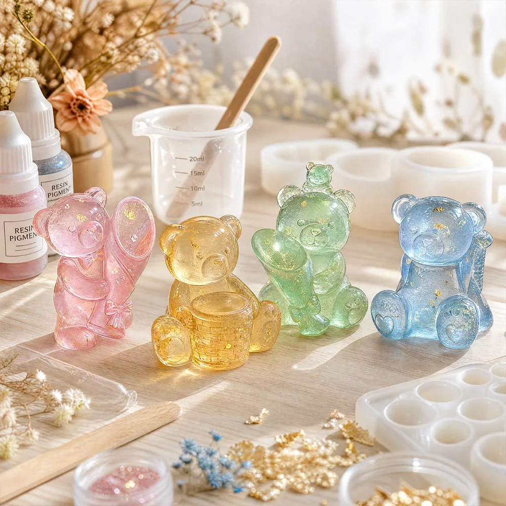 3D Flower Hugging Bear Candle Silicone Mold DIY Animals Bear Flower Vase Gypsum Plaster Candle Mold For Resin Making view 5