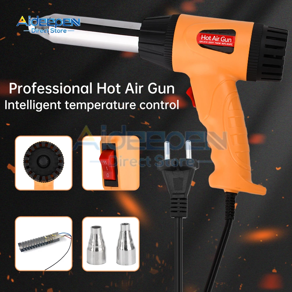 750W 220V Heat Gun Professional Hot Air Gun Adjustable Temperature 100-600 for DIY Stripping Paint Shrinking PVC Tool and Home