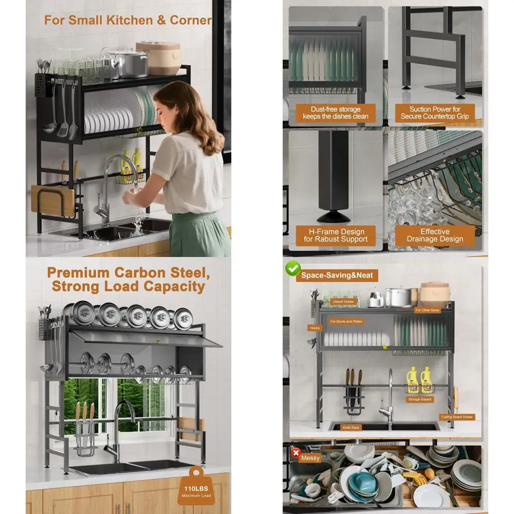 

3-Tier Sink-Mounted Dish Drying Rack, 33.5 Space-Saving Kitchen Organizer with Cover Baskets, Black