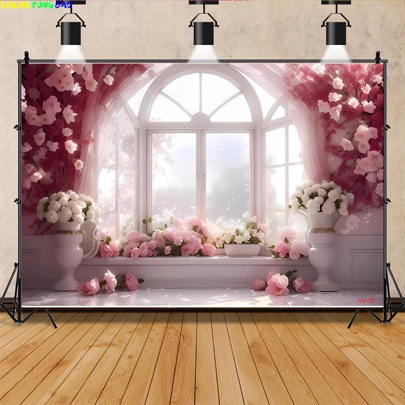 

Vinyl Custom Valentine's Day Photography Backdrops Props Lover Rose Flower Wall Wedding European Winow Photo Background AL-09
