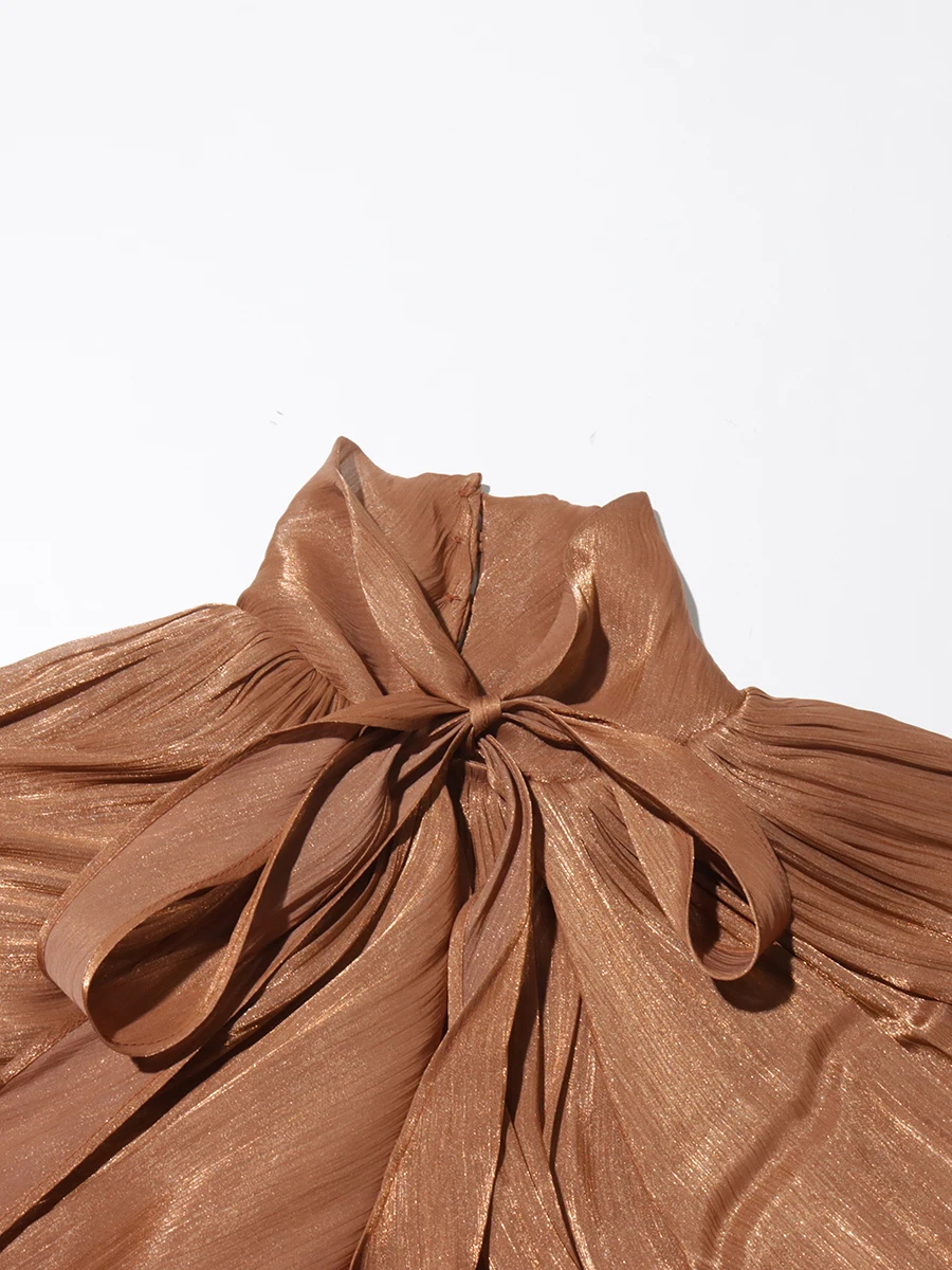 فساتين أنيقة أنيقة الصلبة للنساء الوقوف طوق كم طويل عالية الخصر المرقعة الدانتيل يصل فساتين الإناث نمط جديد #6