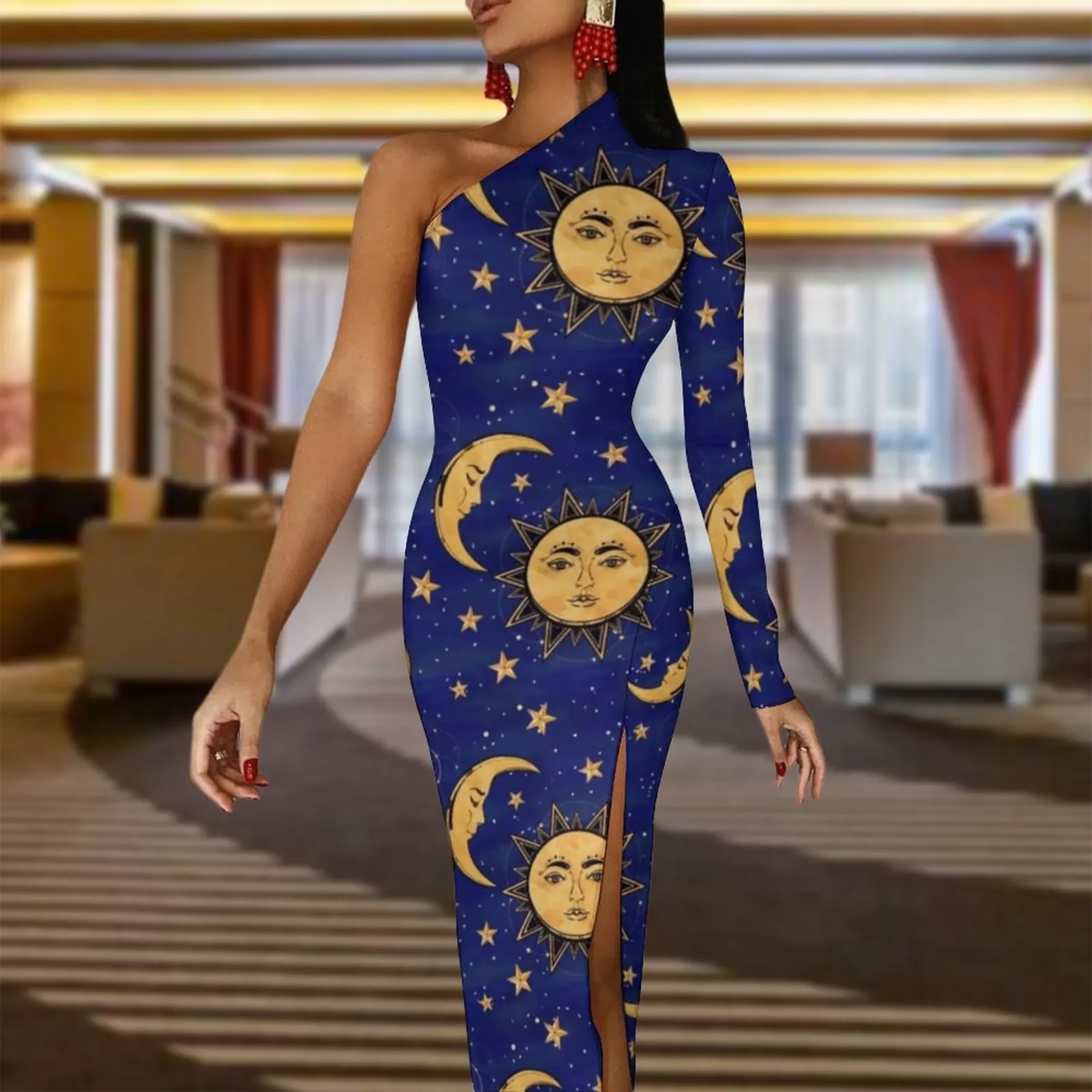 Sun Stars Celestial Bodycon Dress Female Vintage Moon Trendy Maxi Dress Long Sleeve Party Custom Dresses Gift Idea