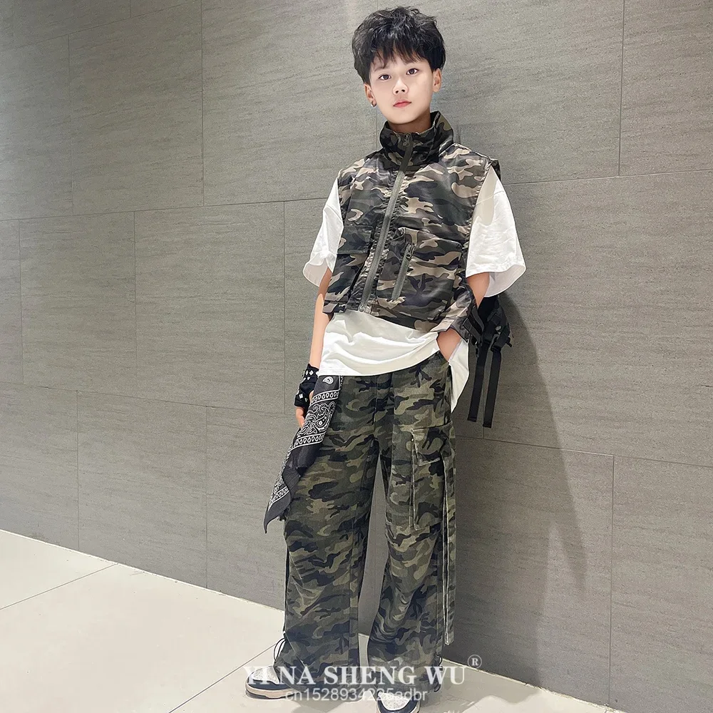 

Детский танцевальный костюм в стиле хип-хоп, камуфляжная куртка без рукавов, жилет, футболка, повседневные шорты-карго для девочек и мальчиков, джаз, уличный танец