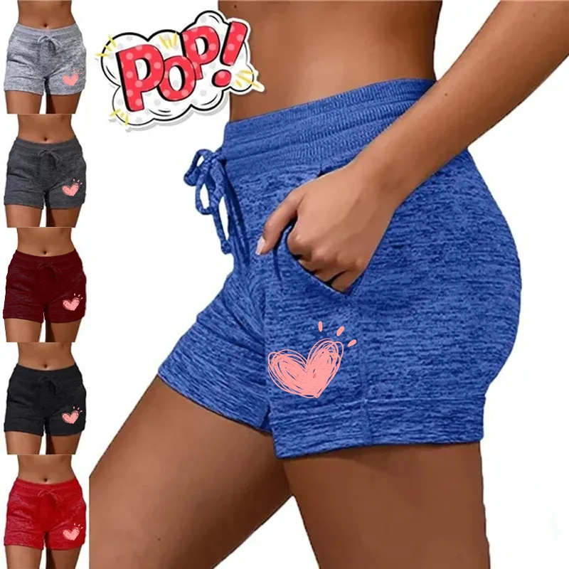 Summer Pink Heart Printed Womens Quick-drying Shorts Yoga Pants Casual Sports High Waist Drawstring Fitness Shorts