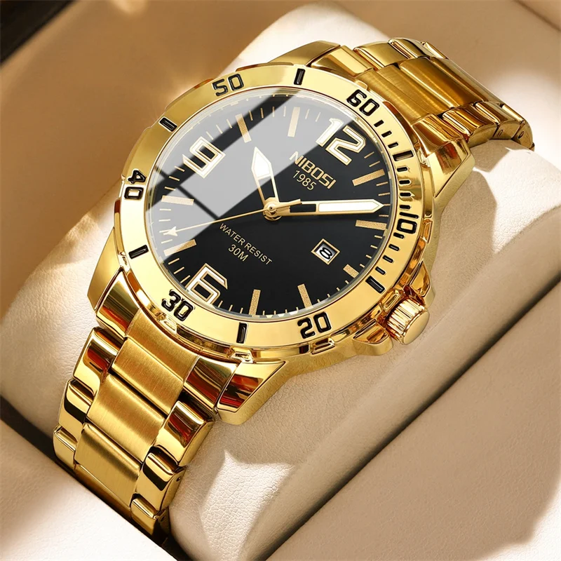 NIBOSI New Gold Quartz Watch for Men Sports Stainless Steel Waterproof Luminous Classic Mens Watches Top Brand Luxury Wristwatch