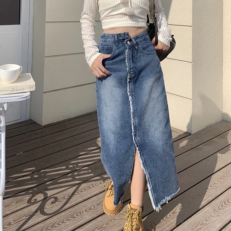 

Irregular Tassel Denim Skirts Women Front Slit Mid-Length High Waist Fashion Streetwear Loose Casual Pocket Jean Skirt Girls Y2K