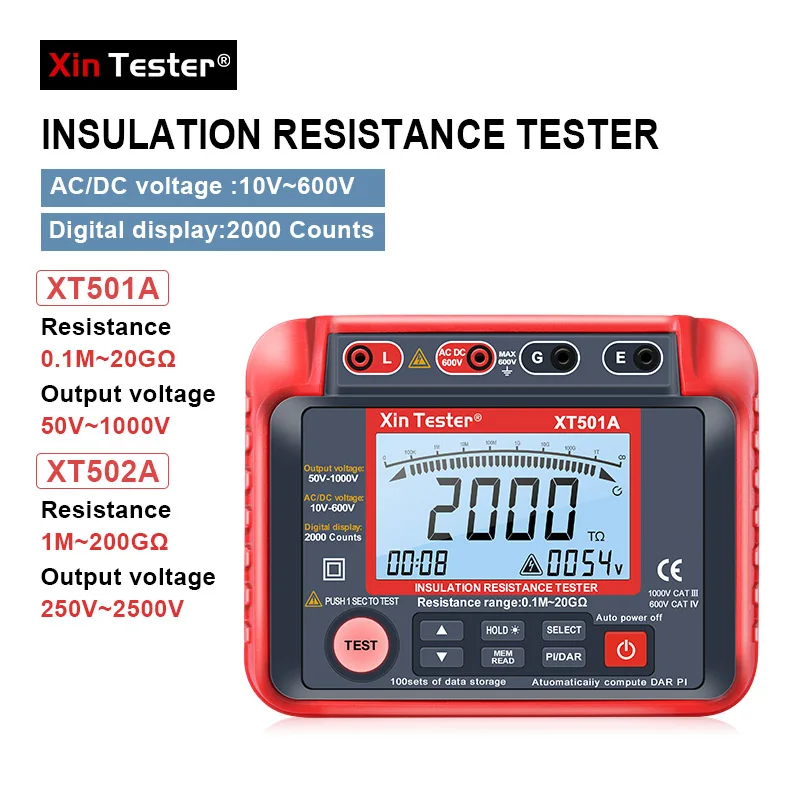 Xin Tester Digital Insulation Resistance Tester Auto range PI RCD Measurement Tester AC DC Voltmeter 10V-600V  XT501A 502A