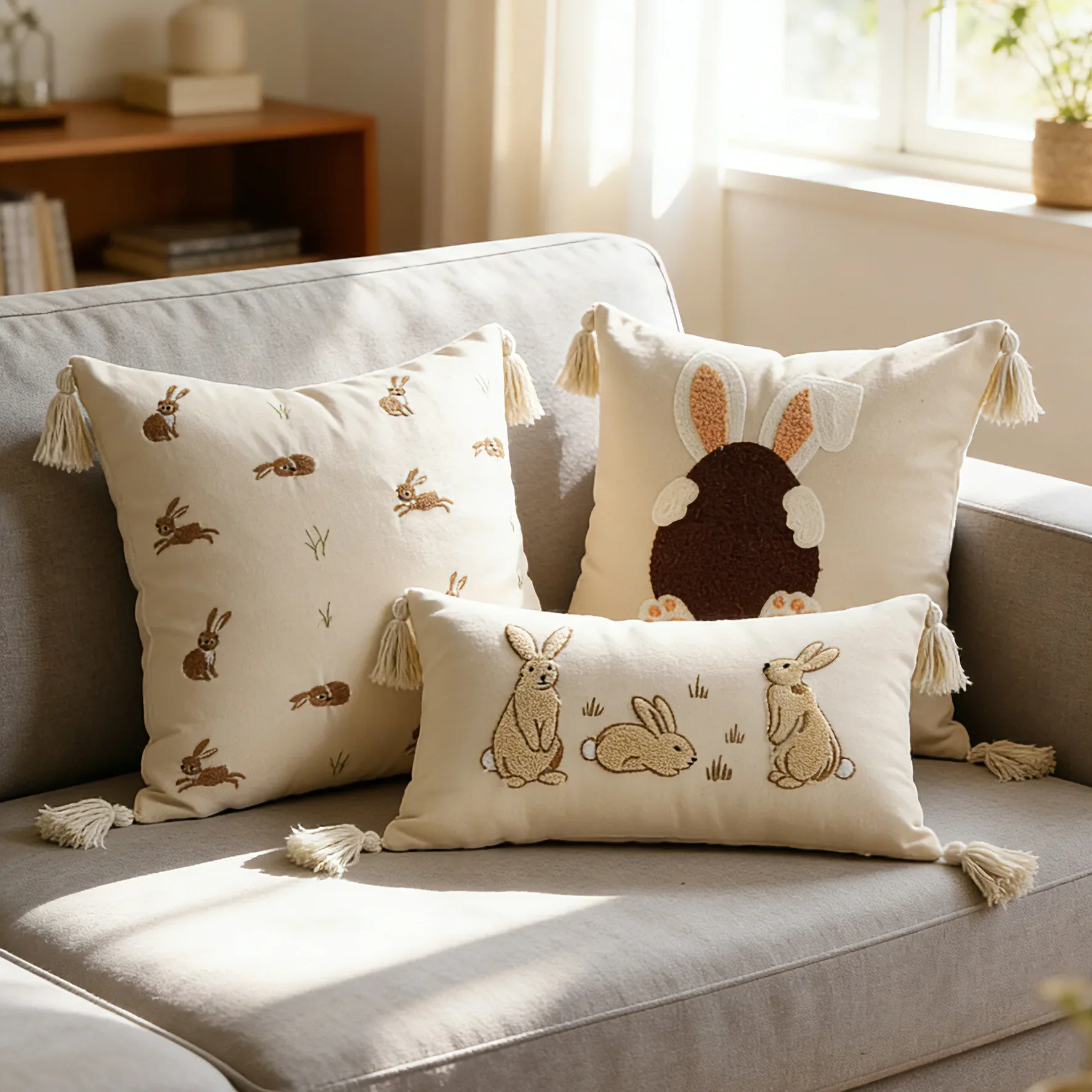 New Easter Bunny Towel Embroidered Pillow Cover Cojines Spring Garden Outdoor Cotton and Linen Embroidered Throw Cushion Cover