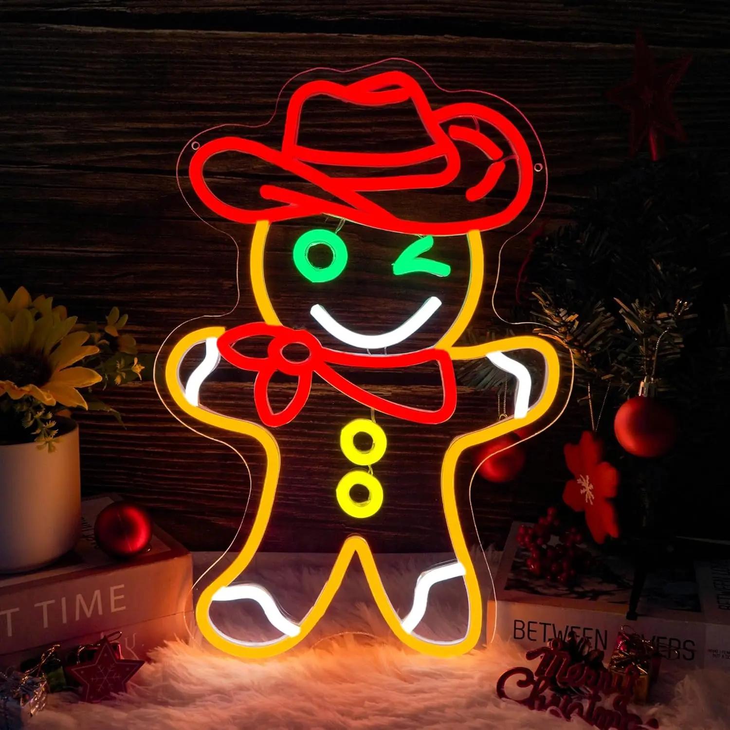 ป้ายไฟนีออนรูปคาวบอยขนมปังขิงสำหรับตกแต่งคริสต์มาส ไฟ LED ปรับความสว่างได้ผ่านพอร์ต USB สำหรับร้านอาหาร ร้านค้า งานปาร์ตี้ ตกแต่งธุรกิจ