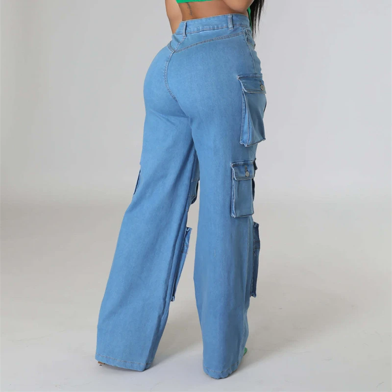 ZOMIGHT Pockets Wide Leg Woman Blue Cargo Jeans Womens Vintage High Waist Baggy Denim Pants Casual Loose Trousers Streetwears