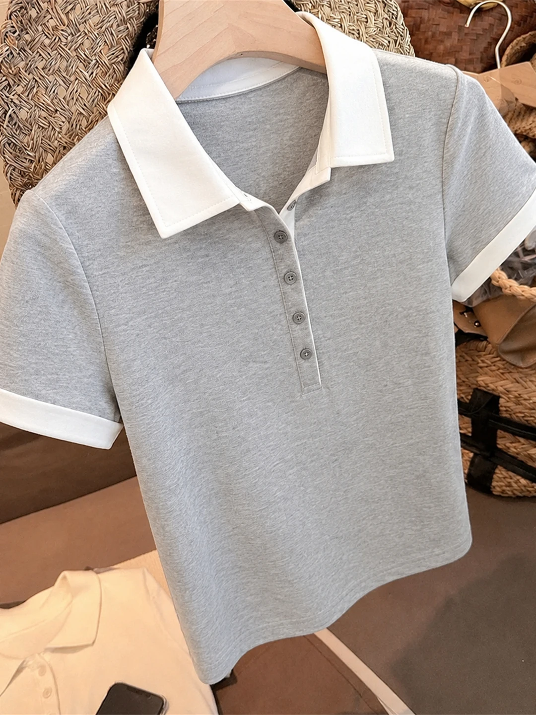 

Korean Style Neck Casual Summer Short Sleeve T-Shirt Half Open Fashion Popular Women's Top Straight Cut Commute Style
