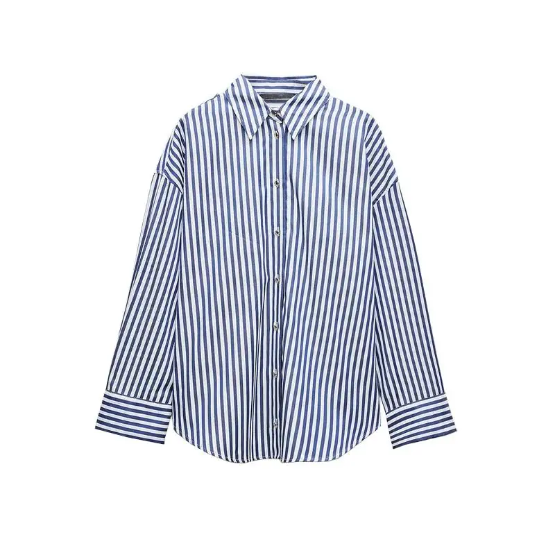 Autumn Winter New Arrival Women's Casual Loose Long Sve  Collar Striped irt Versatile Basic Fit for Young Women 25-29