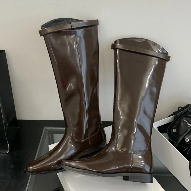 Eilyken Cosy PU Leather Women Knee-High Boots High Quality Long Booties Street Punk Style Square Low Heels Shoes