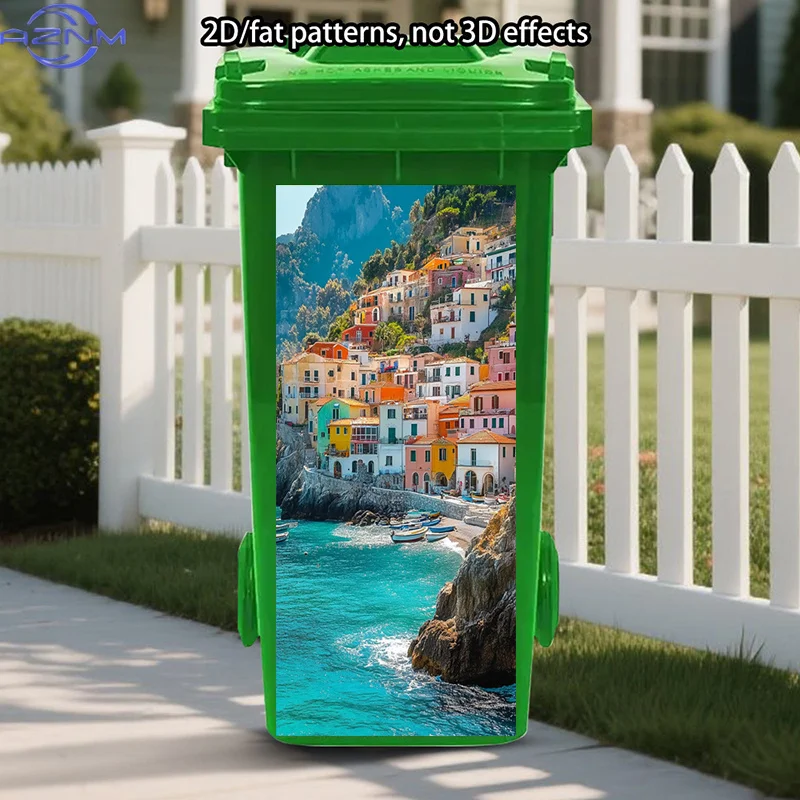 Mediterranean Scenery Trash Can Stickers | Vibrant Coastal Village Peel And Stick Art, Self-Adhesive, High-Glossy Polyvinyl, I