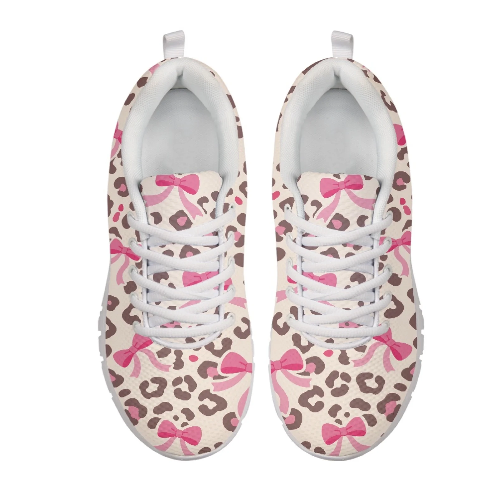 Coloranimal Leopard Pink Bow Womens Athletic Walking Sneakers Lace Up Breathable Mens Lace Up Athletic Trainers for Outdoor