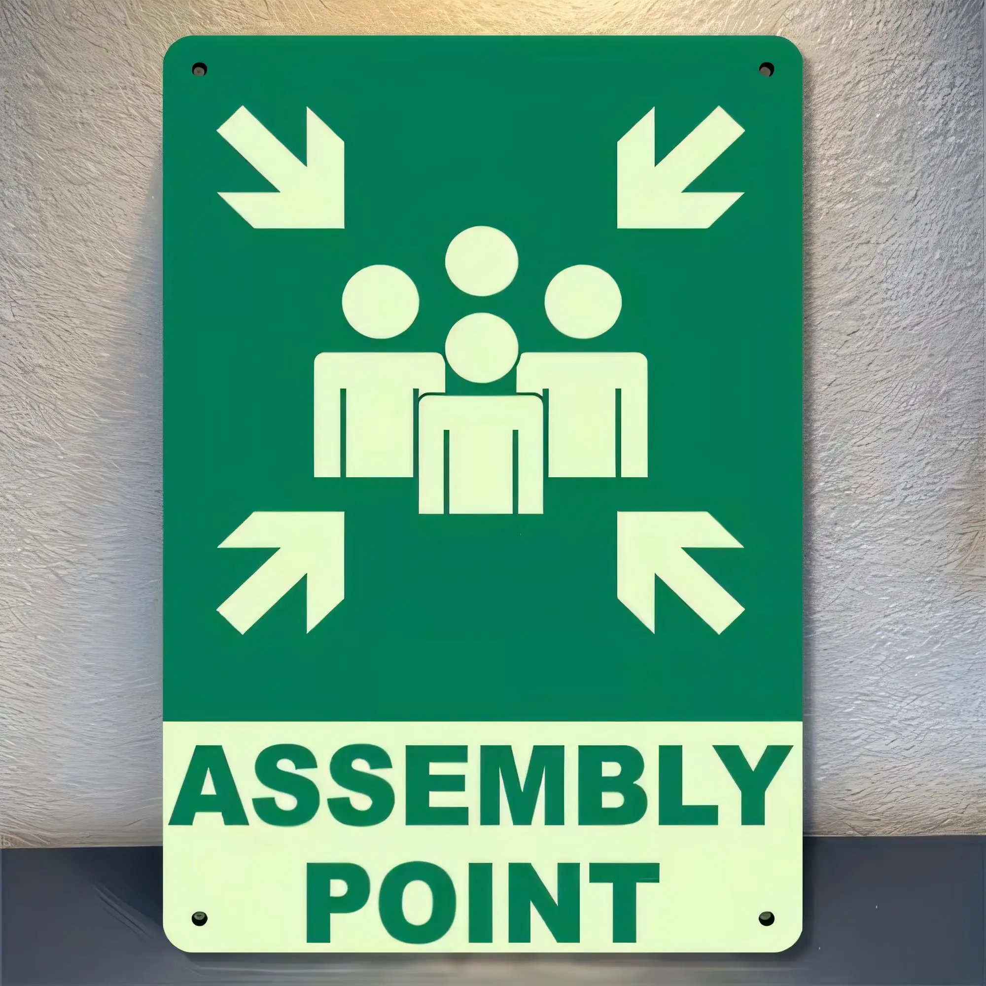 Tin Sign Assembly Point Safety Emergency Exit Symbols Green Retro Metal Wall Plaque   Industrial Warning Decor for Garage Wareho