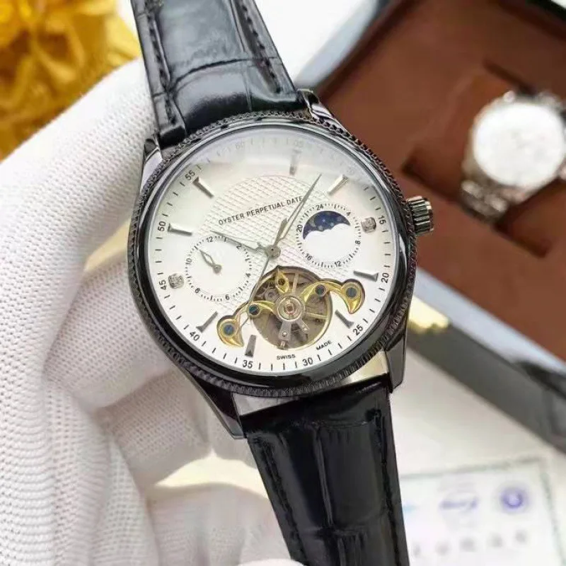 2025 ساعة توربيون فاخرة للرجال أوتوماتيكية ميكانيكية من الفولاذ المقاوم للصدأ بحزام جلدي كريستال الياقوت مقاومة للماء