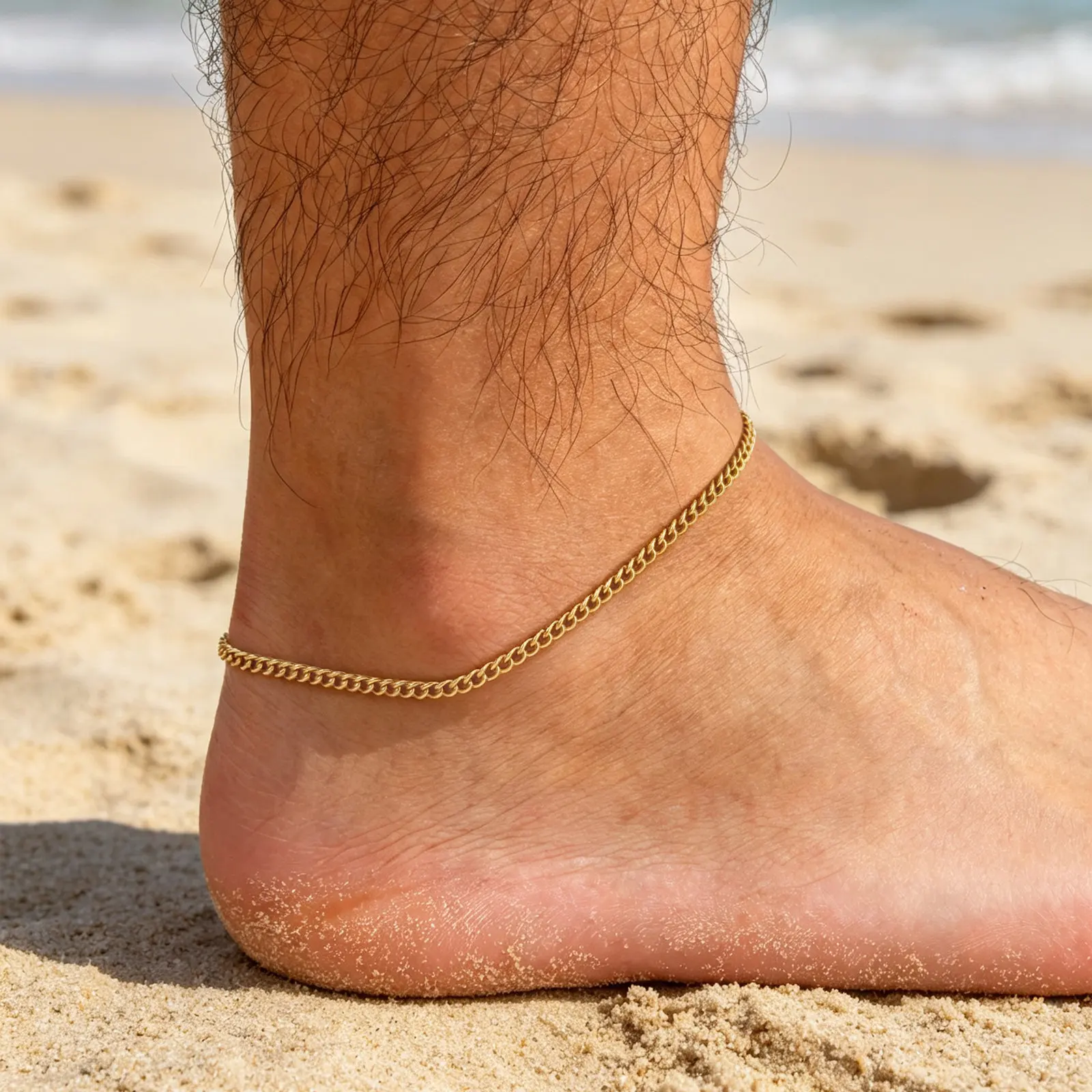 Vnox Edelstahl Fußkettchen in Goldfarbe für Männer, Verstellbare Gliederkette, Wasserdichter Strand-Fußschmuck, Urlaubsgeschenk – Detail 3