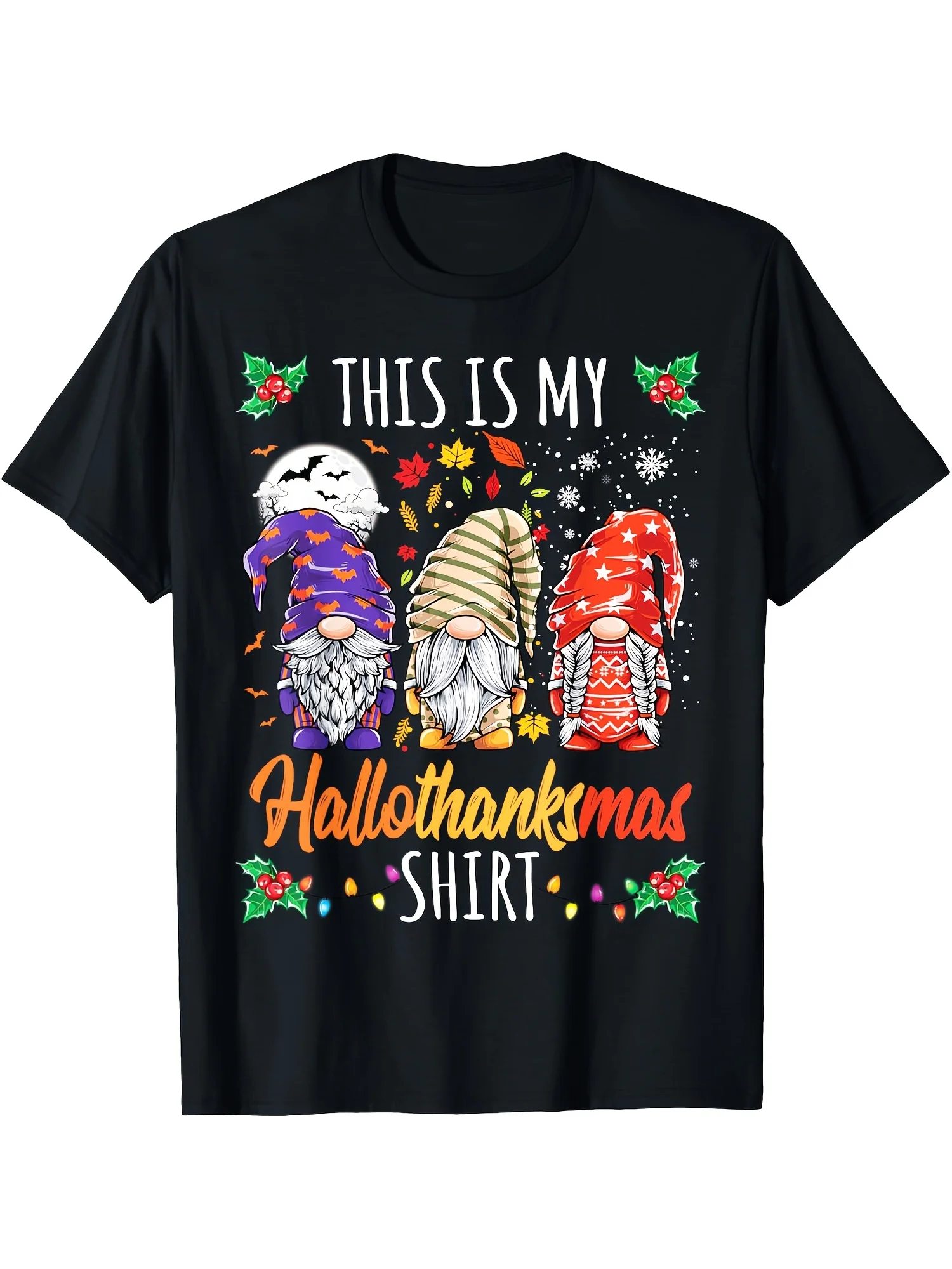 

Hallothanksmas Gnomes T-Shirt, 100% Cotton Men's Breathable Short Sleeve Tee