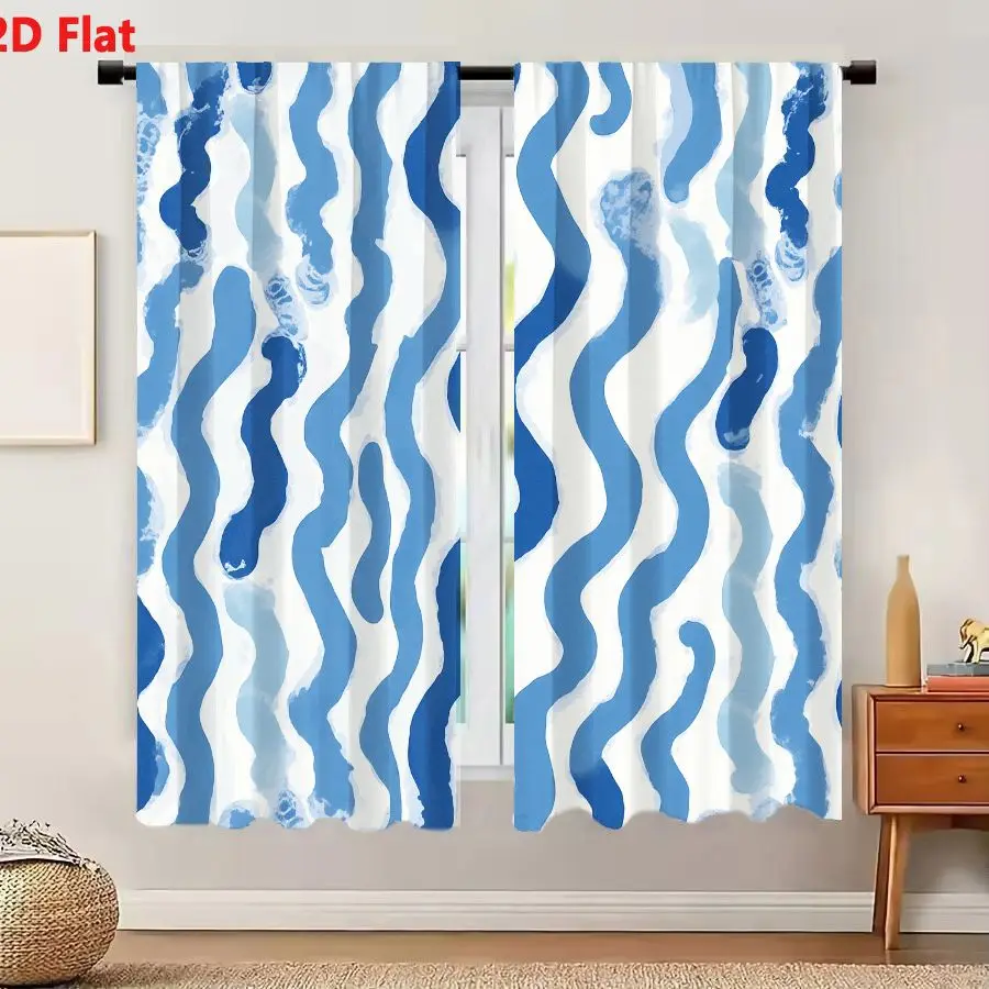 2Pcs Curtains 2D Flat Blue Wavy Lines Pattern Watercolor Effect Irregular Organic Waves Dark Light Blue White Background Fluid D