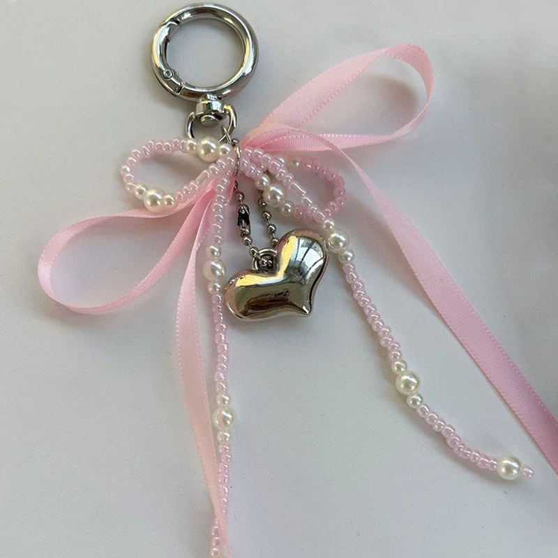 Imitation Pearl Bow Key Ring Ribbon Beaded Keychain Korean Style Hanging Accessories Y2k Heart Bag Pendant Key Chain Gifts