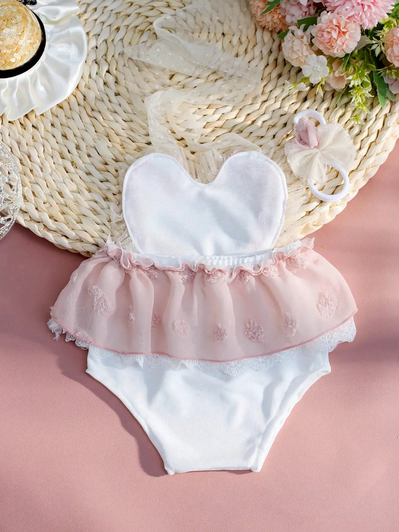 Ylsteed Dusty Pink Newborn Baby Girl Photoshoot Outfits Heart Shape Chiffon Skirt Romper with Headband Infant Picture Props