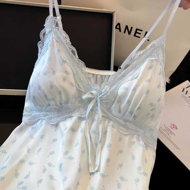 2026 الربيع والصيف الدانتيل مع وسادة الصدر سترة مجموعة تي شيرتات قصيرة للأطفال منامة الحرير الجليدي الساتان الدانتيل ملابس المنزل Pirastasama Жеenca #3