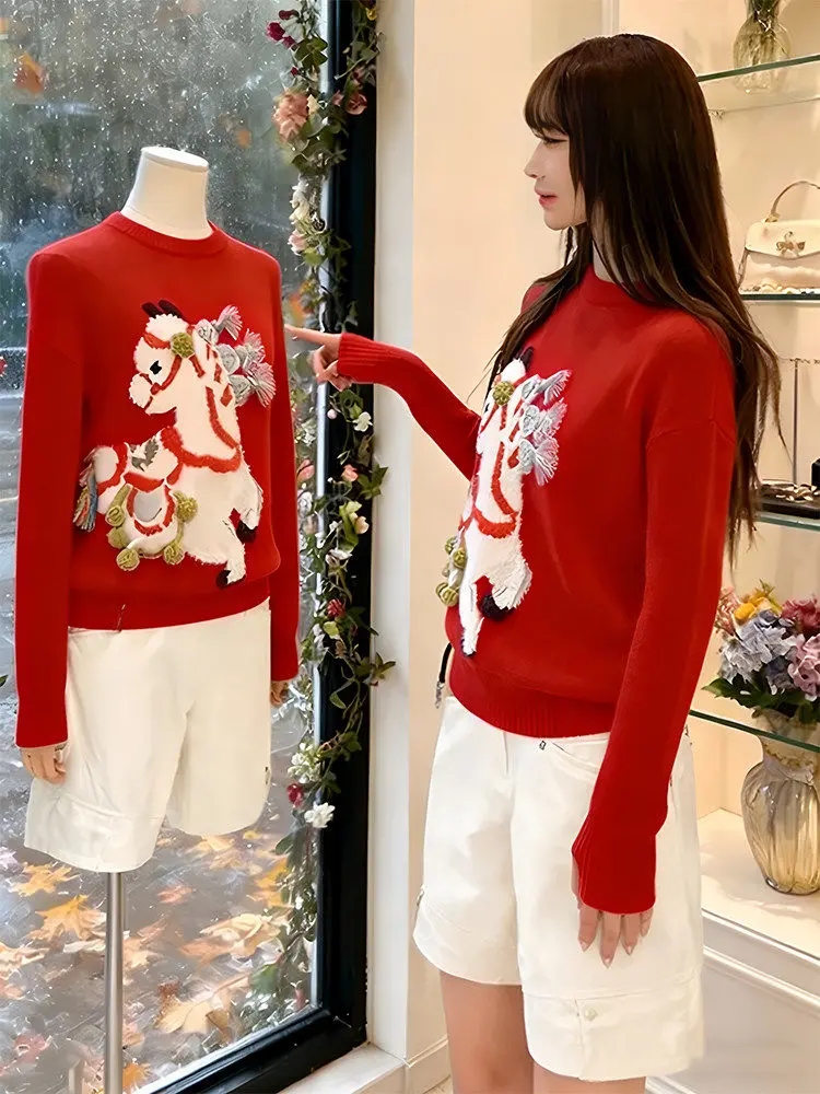 

Red round Ne Knitwear Pattern Ele Sle Women's Faion Top New Year Aosphere Winter Season Casual Commute Wear
