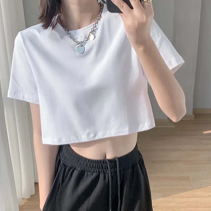 Summer Fashion Women\'s Clothing Top Y2K loose  Short Sleeve T-shirt Sexy Solid Color Street Women Crop Top