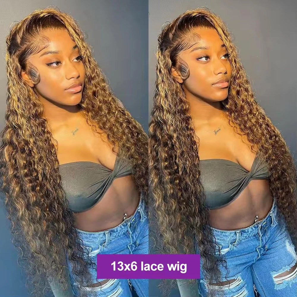 HD 13x6 Highlight Wig Human Hair Honey Blonde Brown Lace Front Wigs Deep Curly Human Hair Wig Water Wave 13x4 Lace Frontal Wig image 3