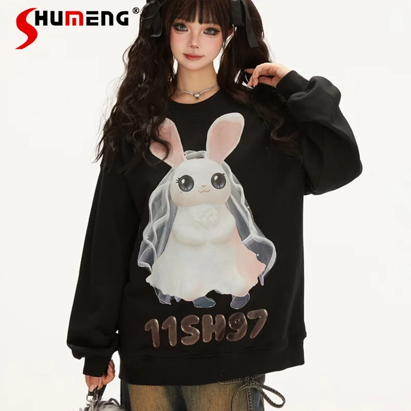 

Japanese Retro Women's Original Long-sleeved Hoodies Sweet 3D Cartoon Rabbit Print Pullover Sweatshirts Y2k Clothes Black Colors