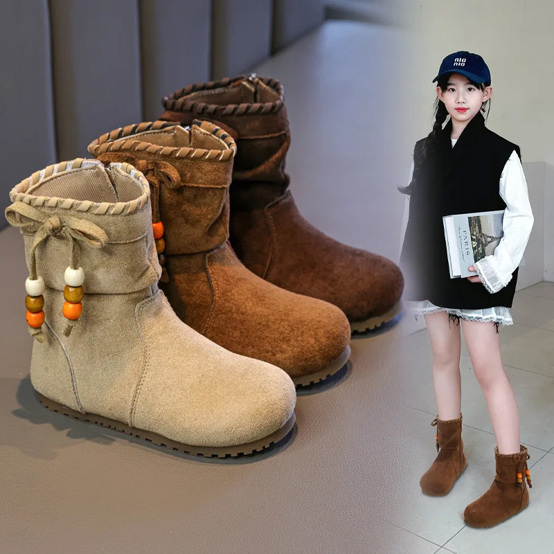 Botas 2025 Autumn New Kids Ethnic Style Cowboy Boots Comfort Anti Slip Girls' Mid Top Leather Boots Anti Slip Child Ankle Boot