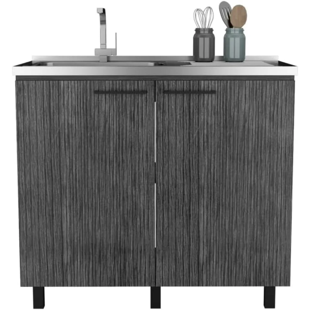Set of 2 Smoked Oak Kitchen Sink Cabinets for Drop-in Sinks, Smart Design with Stainless Steel Top
