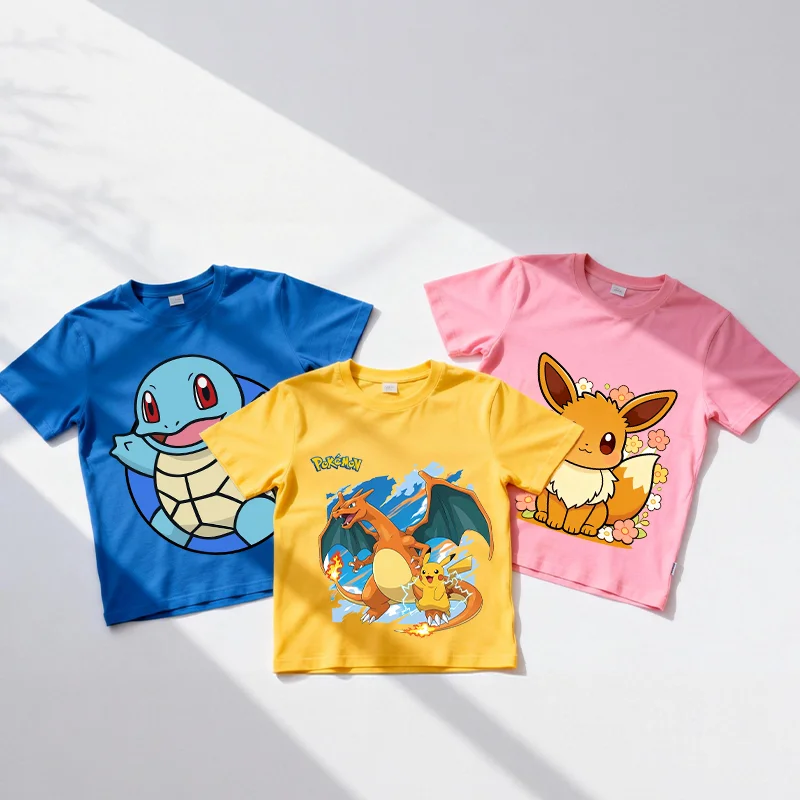 

Хлопковая футболка с изображением покемонов Пикачу, Сквиртла, Мьюту, Чармандера, Иви, милая мультяшная детская одежда, летние топы для мальчиков и девочек